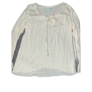 Cream Peasant Style Tie Front Renaissance Top with Embroidered Detail